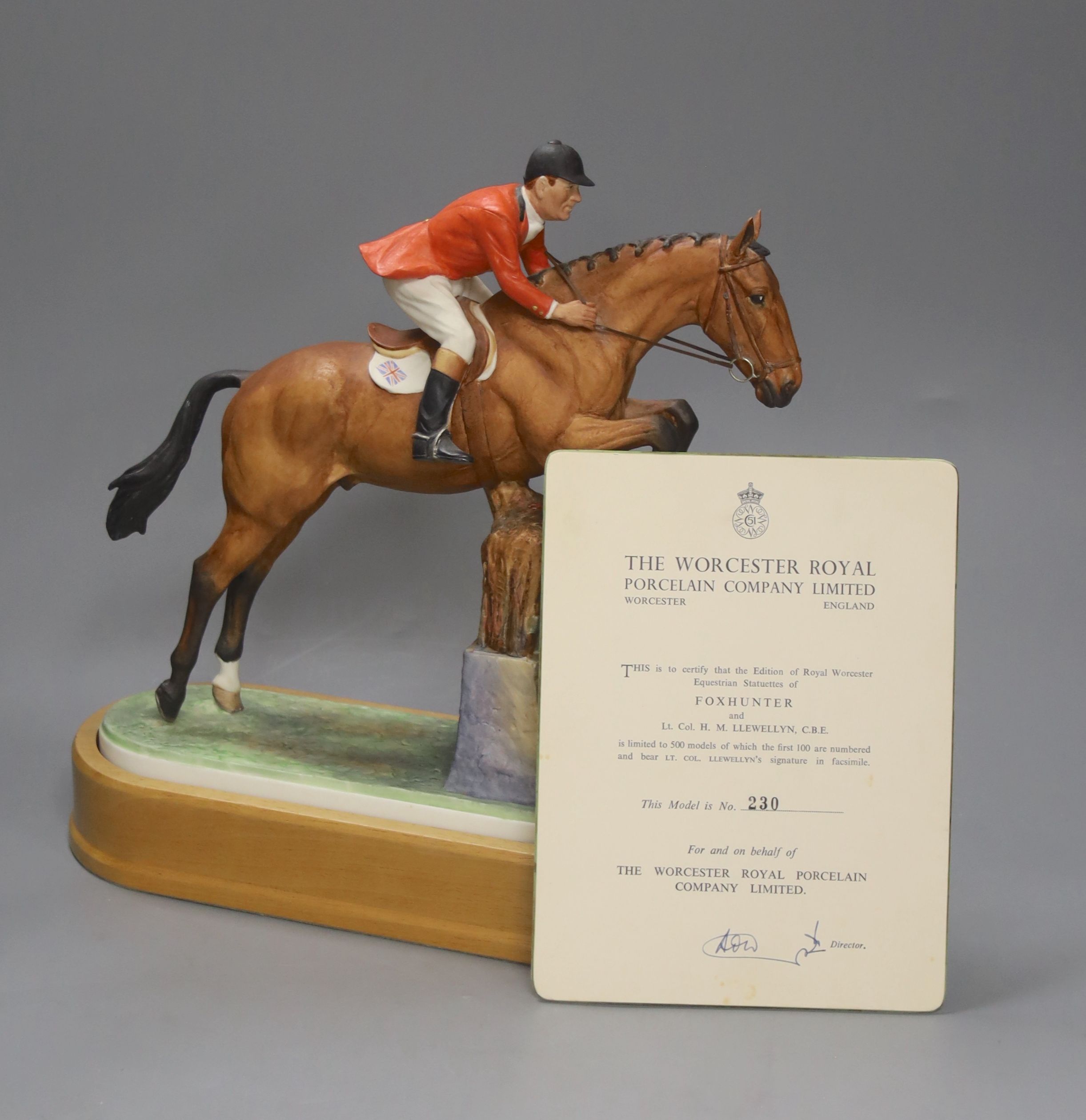 Doris Lindner for Royal Worcester, a limited edition figure, 'Foxhunter and Lt. Col. H M Llewellyn C.B.E.', no. 262/500, circa 1960, on wooden plinth, with certificate